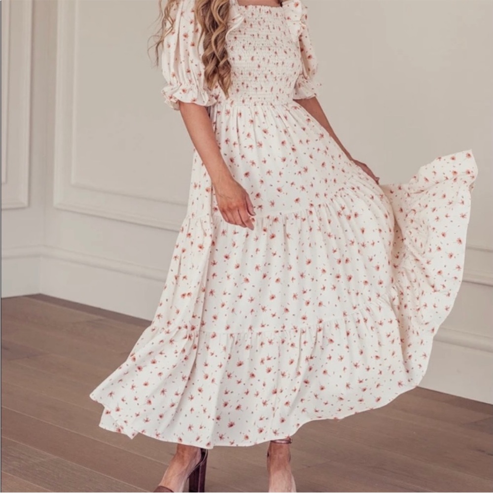 Jessakae Daydreamer Smocked Ruffle Puff Sleeve Tiered Midi Dress Cream Floral XL